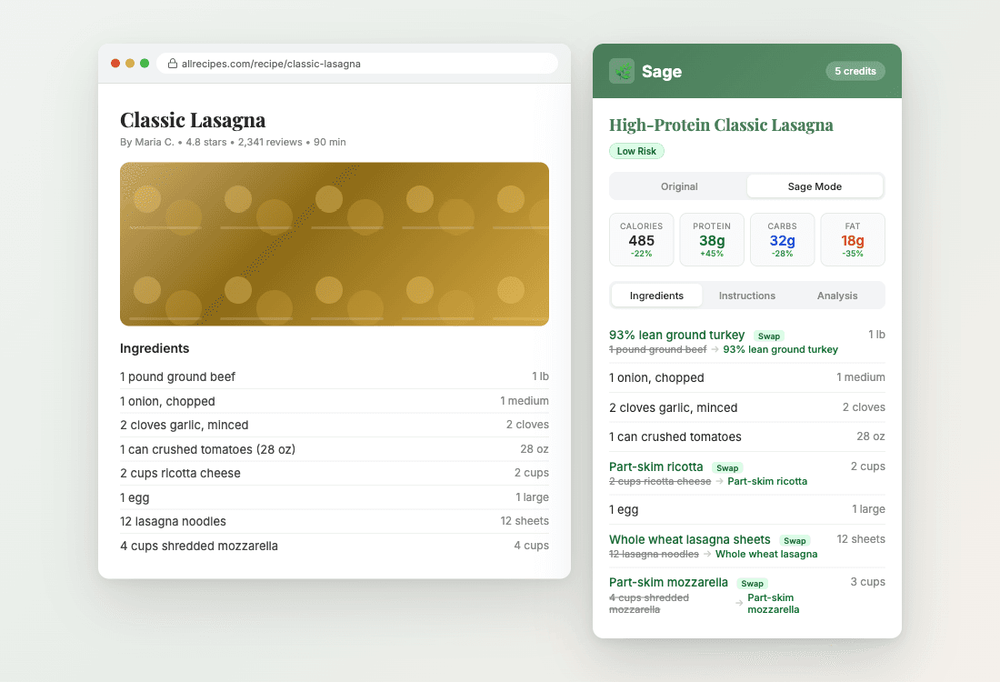 Sage showing a healthified Classic Lasagna recipe with nutrition comparison